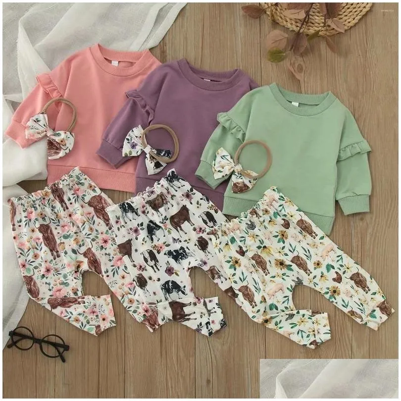 Clothing Sets Toddler Girls Long Sleeve Ruffles T Shirt Plover Tops Cartoon Cow Prints Pants Little Outfits Blanket Wrap Set Drop Del Dhnaa