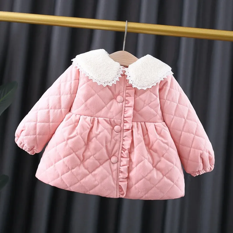 winter baby girls single breasted solid color round neck fur collar padded coat coat for children