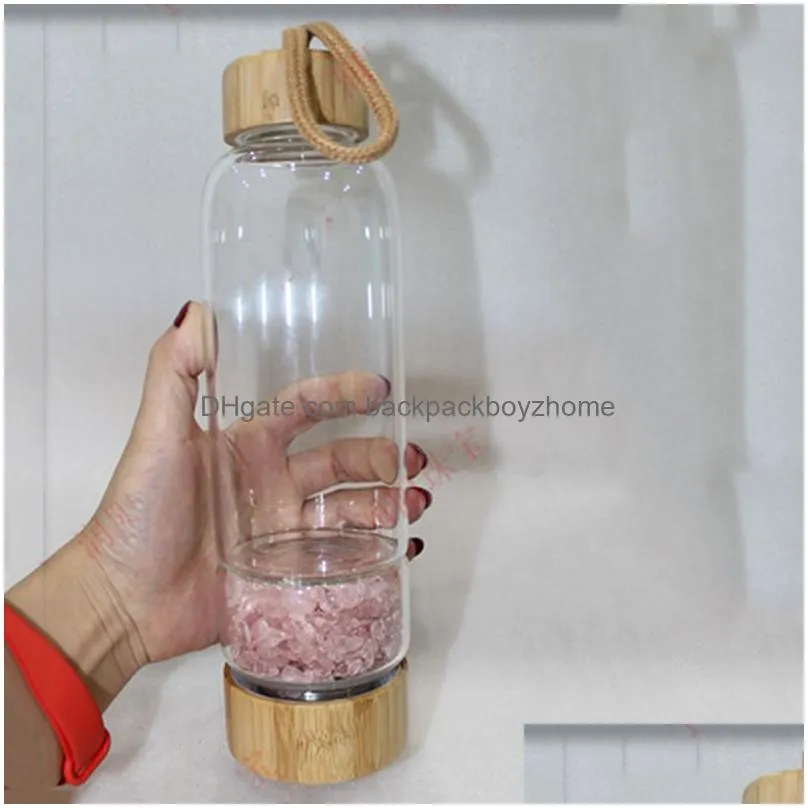 Water Bottles Portable Natural Crystal Glass Cup Gravel Energy Water Bottles Bamboo Er Kettle Outdoor Sports Cups Drop Delivery Home G Dhmx9