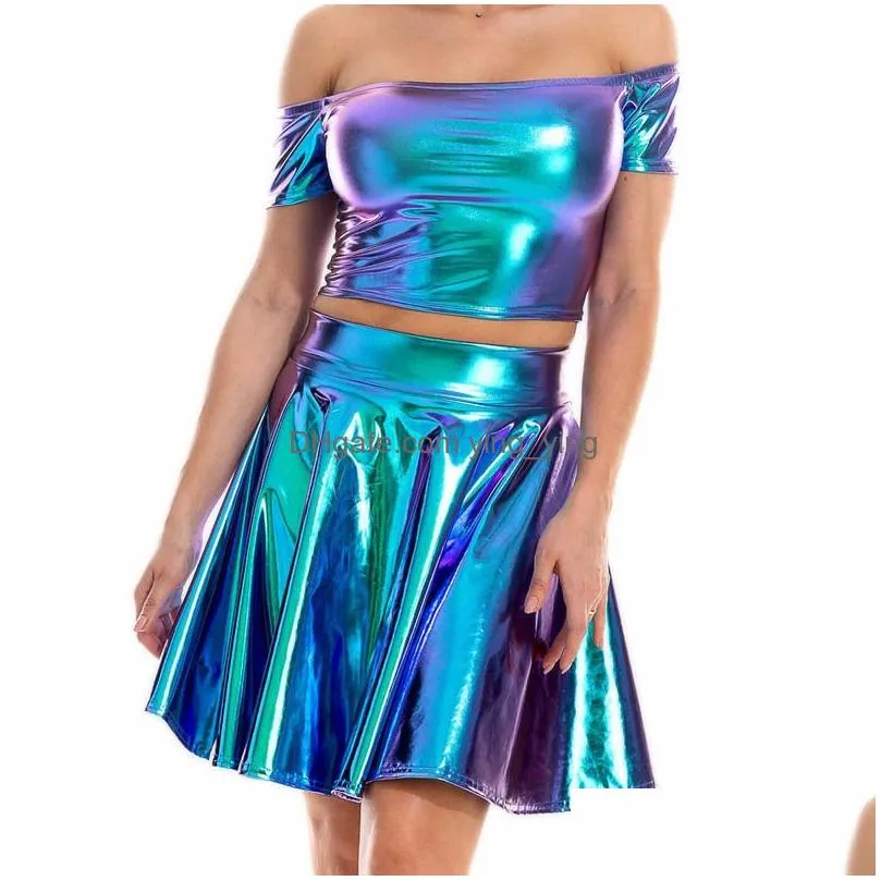 summer sexy laser high waist mini pu leather skirt club party dance shiny holographic skirts harajuku jk metallic pleated 220317