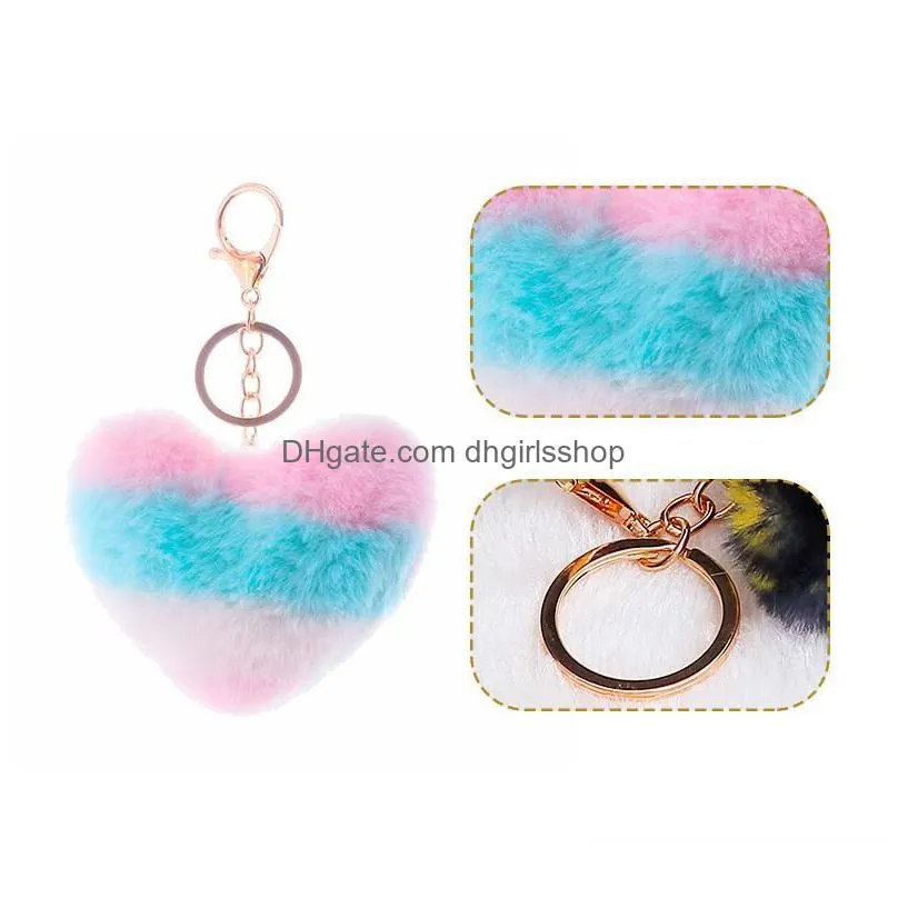 Keychains & Lanyards Fast Fashion Splicing Heart Ball Pom Keychain Fluffy Faux Rabbit Fur Pompom Women Bag Charms Trinket Christmas D Dhlkv