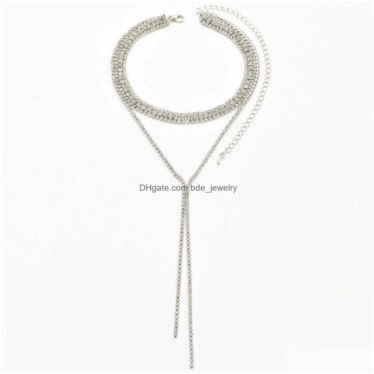 exaggerated niche fashion rhinestone necklaces with multiple layers of light luxury tassel necklaces dinner parties ball back decorations