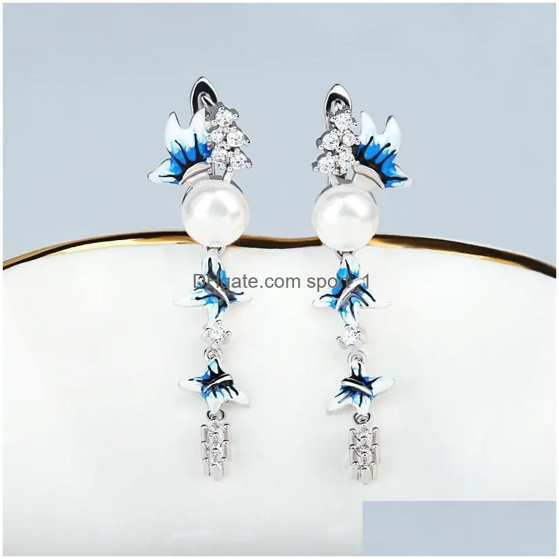 elegant blue and white flower earrings long tassel pearl butterfly 925 silver womens jewelry handmade enamel dangle chandelier