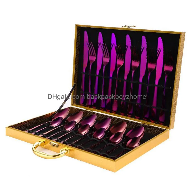 Dinnerware Sets Stainless Steel Dinnerware Sets Wooden Steak Cutlery Gift Box Household Western Food 24 Pcs Gold Tableware 7 Colors Dr Dhrlb