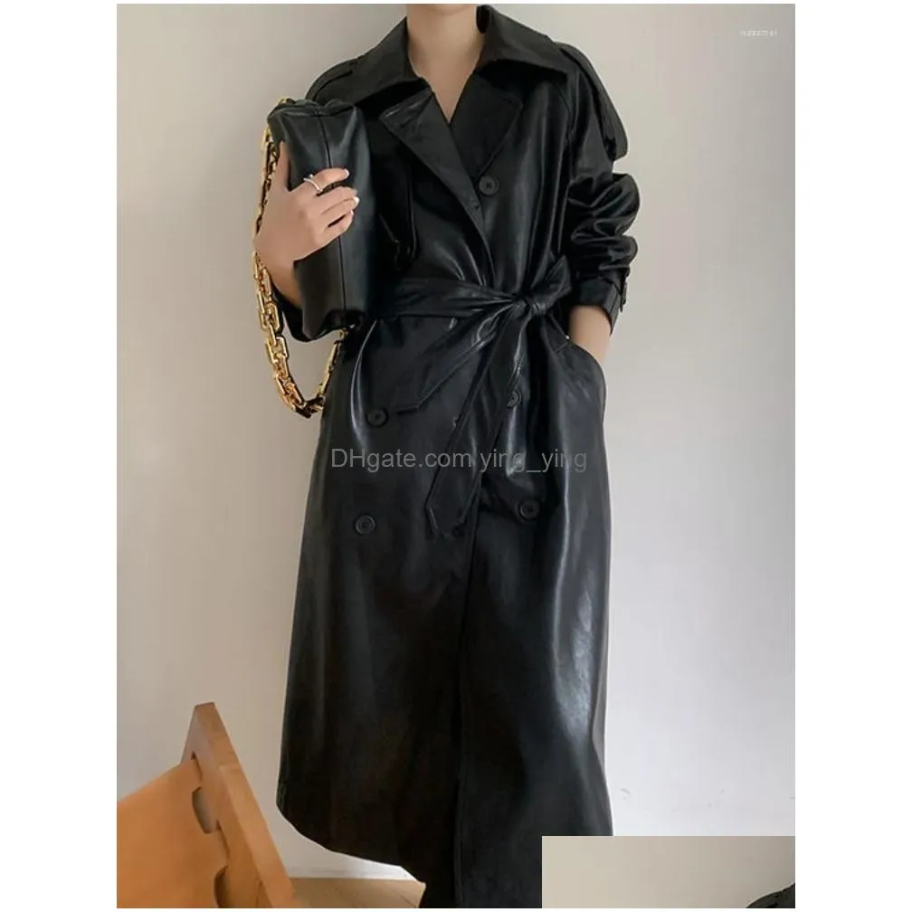 womens trench coats long for women fashion retro motorcycle black leather jacket adjustable waist 2023 autumn/winter windbreaker