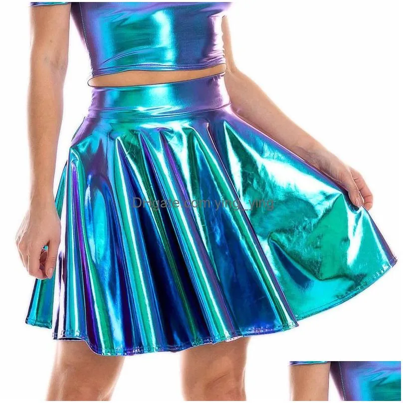 summer sexy laser high waist mini pu leather skirt club party dance shiny holographic skirts harajuku jk metallic pleated 220317