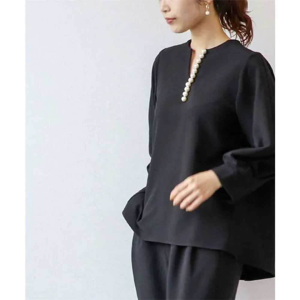 New Lantern Sleeves Japanese And Korean Temperament Loose Blouse Solid Small V-Neck Beaded Long Sleeve Pullover Top For Women