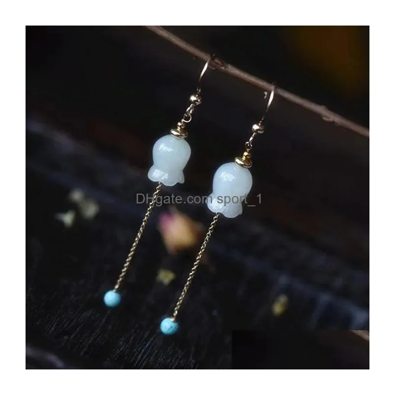 dangle chandelier natural hetian white jade flower bud tassel earrings retro elegant  light luxury charm womens silver jewelry