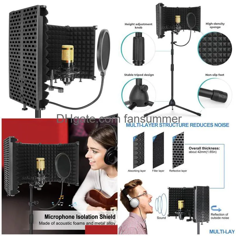 Microphones Condenser Microphone PFilter Isolation Shield With Stand Studio Foldable Sound Acoustic Foam Panels For A6V Drop Deliv Dhwfk