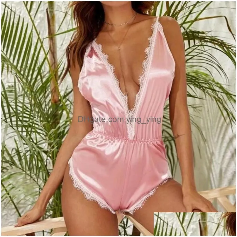 bras sets role playing lingerie for women large trim sexy satin jumpsuit sleepwear push up corset