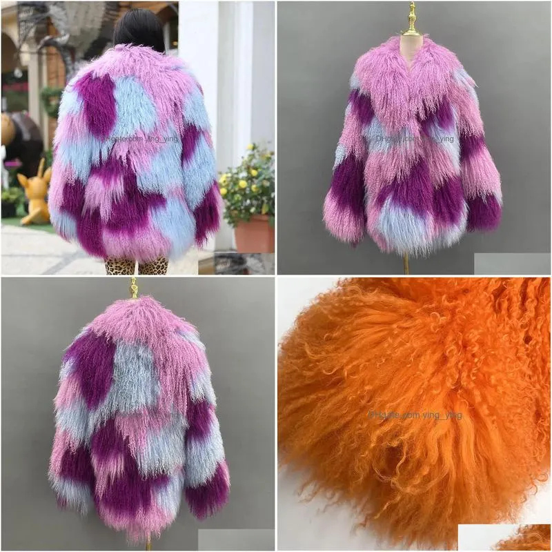 womens fur faux janefur winter clothe 2023 real mongolian sheep coat mixed colors fashion luxury custom tibetan lamb fur jacket