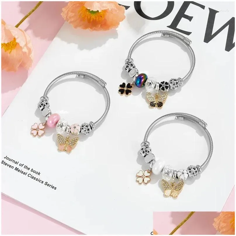 Charm Bracelets Gold Color Stainless Steel Bangle Diy Cute Crystal Clover Beads For Women Girls Lovely Accessories Gifts Friends