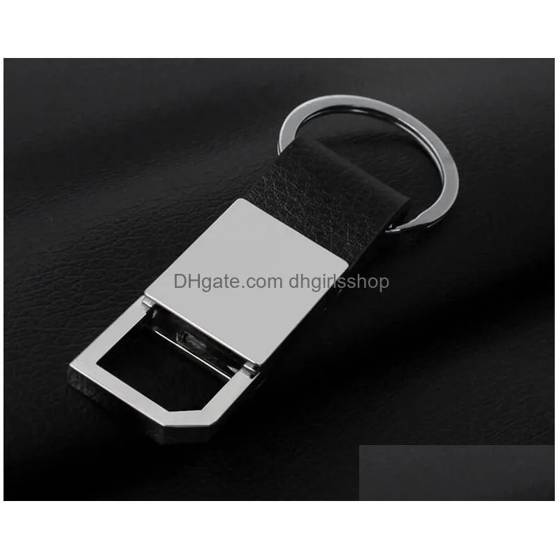 Key Rings High Quality Metal Car Key Chain Custom Lettering Men Business Ring Real Leather Keychain Bag For Friend Gift Drop Delivery Dhwvr