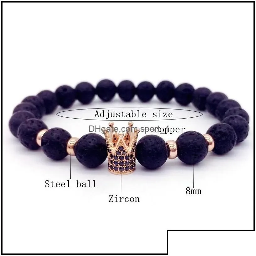 Beaded Strands Fashion Microinserts Crown Charm Lava Bracelet Women Men Chakra Healing Ncing Natural Stone 8Mm Beads Bracele Drop De