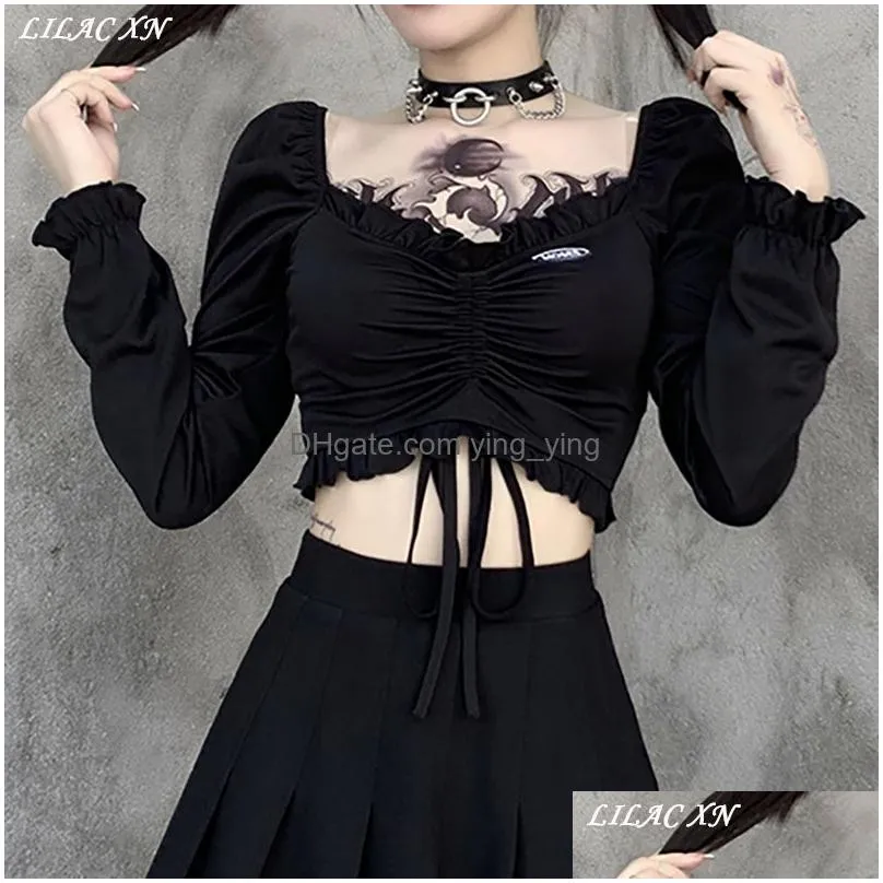 goth black bodycon crop top womens t-shirts aesthetic sexy v-neck long sleeve corset y2k harajuku vintage korean fashion tops 220321