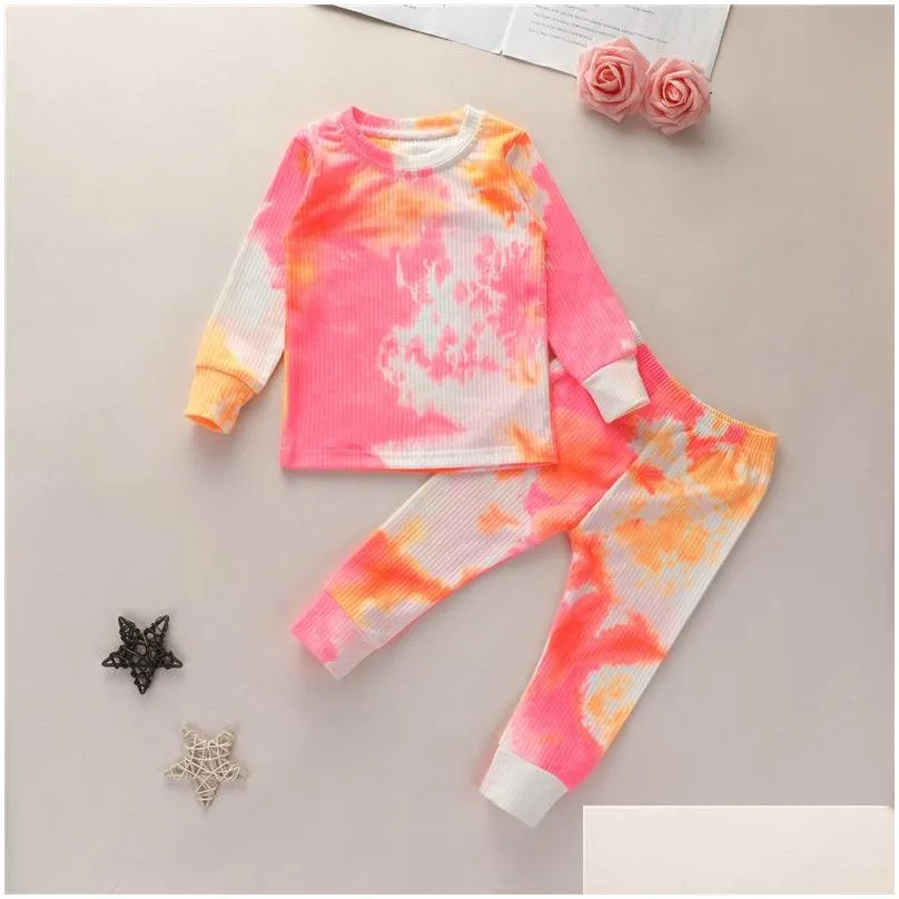 Pajamas Autumn Toddler Baby Boys Ribbed Knitted Tie Dye Pajamas Sets Long Sleeve T-Shirtaddpants Trousers Girls Clothing Sleepwear Pyj Dhjki