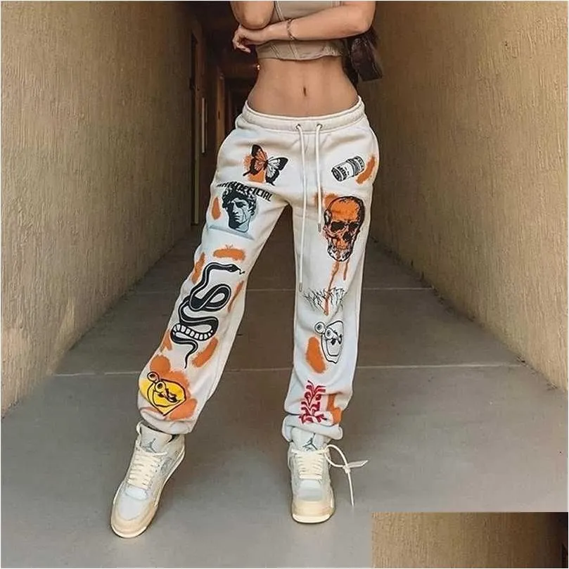 woman sweatpants trousers harajuku jogger cartoon skull print streetwear urban sweat vintage pants for women casual fashion 211115