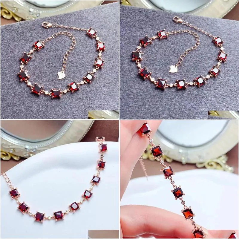 VVS Natural Garnet Bracelet 5mm Total 5ct Wine Red Garnet 925 Silver Bracelet Keep Shining 3 Layers 18K Gold Plating Jewelry