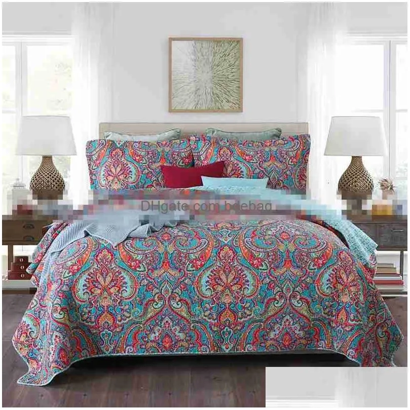 sets 3pcs bohemian style floralwork quilt 100%cotton bedspread full queen king size printing bed cover al
