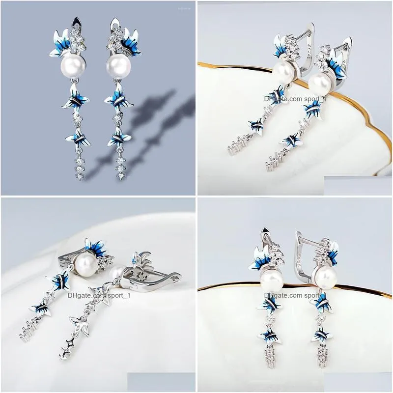 elegant blue and white flower earrings long tassel pearl butterfly 925 silver womens jewelry handmade enamel dangle chandelier