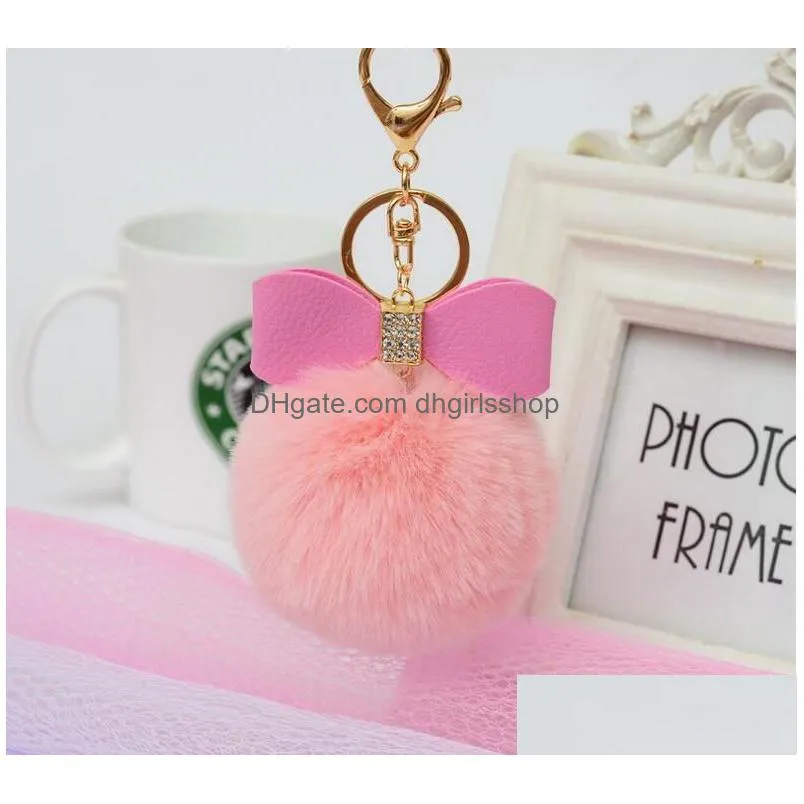 Keychains & Lanyards Rex Rabbit Hair Ball Key Ring With Diamond Pu Bow-Knot 16 Color Choose Alloy Fashion Bags Keychains Drop Deliver Dhujn