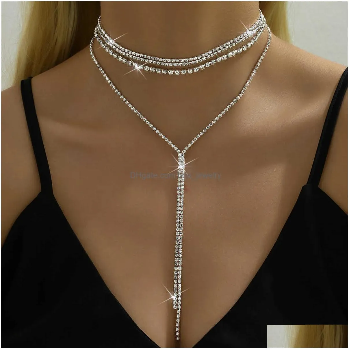 exaggerated niche fashion rhinestone necklaces with multiple layers of light luxury tassel necklaces dinner parties ball back decorations