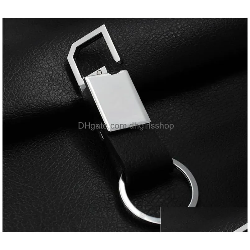 Key Rings High Quality Metal Car Key Chain Custom Lettering Men Business Ring Real Leather Keychain Bag For Friend Gift Drop Delivery Dhwvr