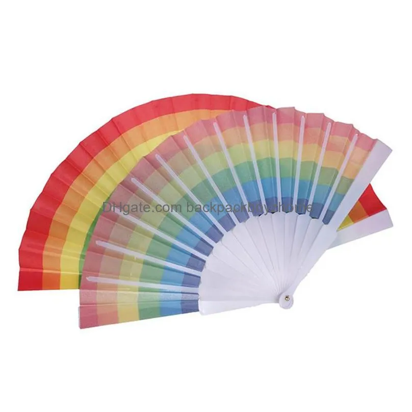 Arts And Crafts Fashion Folding Rainbow Fan Plastic Printing Colorf Crafts Home Festival Decoration Craft Stage Performance Dance Fans Dhjdw