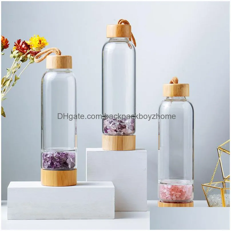 Water Bottles Portable Natural Crystal Glass Cup Gravel Energy Water Bottles Bamboo Er Kettle Outdoor Sports Cups Drop Delivery Home G Dhmx9