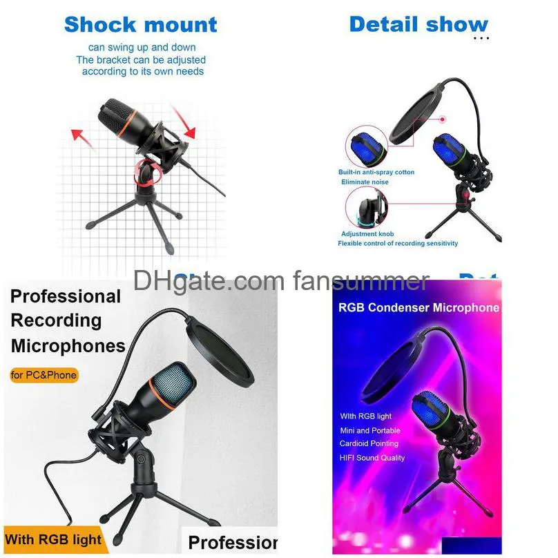 Microphones Rgb Condenser Microphone Wired Desktop Tripod Usb Mic For Recording Live Gaming Video Noise Reduction Conference 230518 D Dhtgm