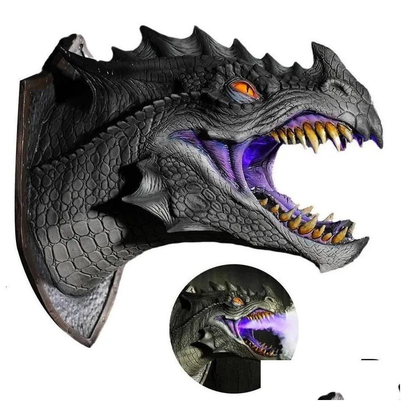 decorative objects figurines dragon legends prop 3d wall mounted smoked led dragon head with decor statue dinosaur hanging wall light art sculpture wall z8t7