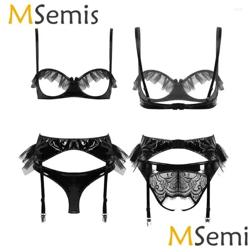 bras sets msemis women wet look patent leather intimates lace lingerie set open cups bra top with garter belt crotchless briefs