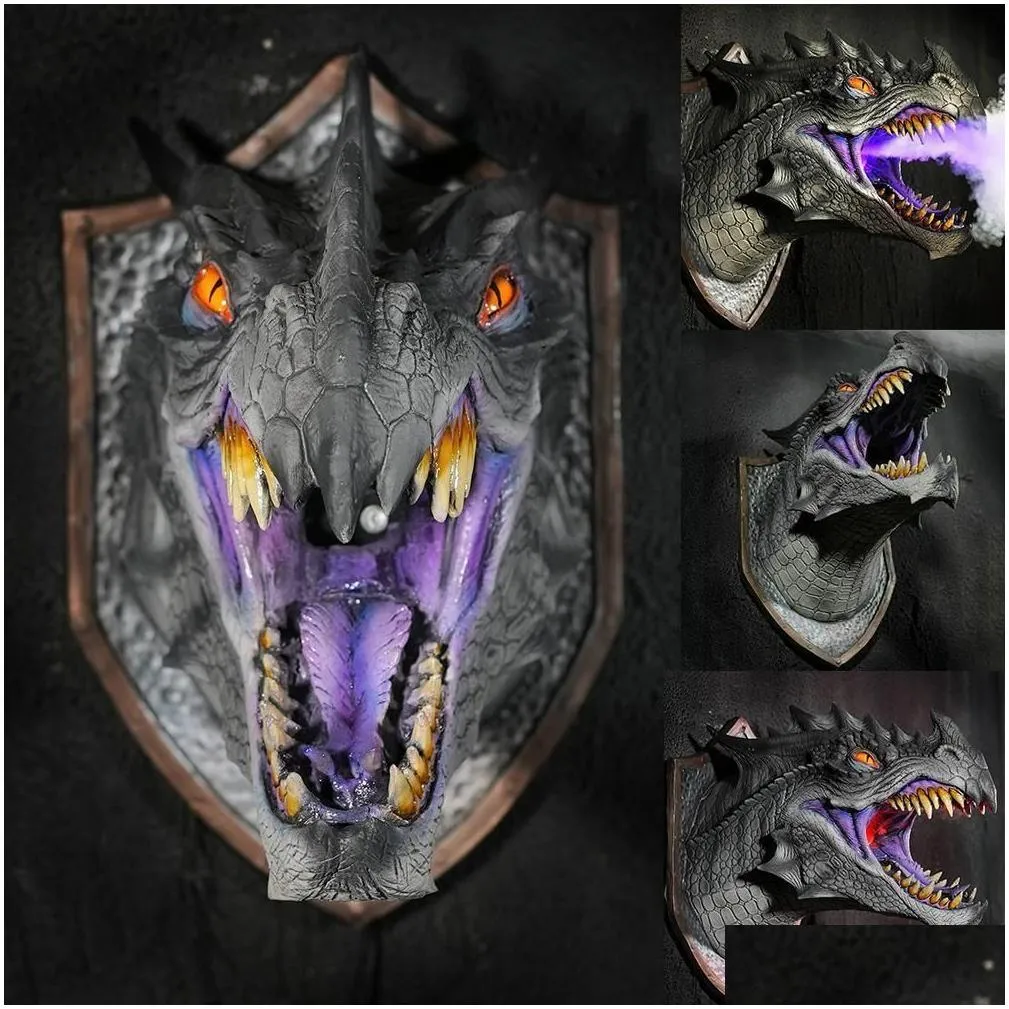 decorative objects figurines dragon legends prop 3d wall mounted smoked led dragon head with decor statue dinosaur hanging wall light art sculpture wall z8t7