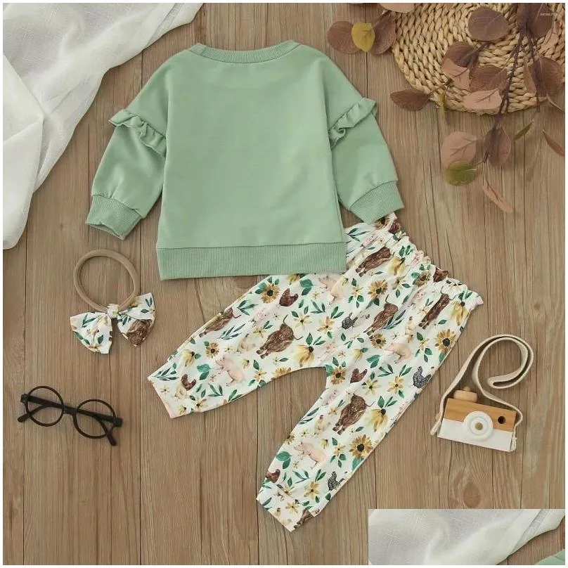 Clothing Sets Toddler Girls Long Sleeve Ruffles T Shirt Plover Tops Cartoon Cow Prints Pants Little Outfits Blanket Wrap Set Drop Del Dhnaa