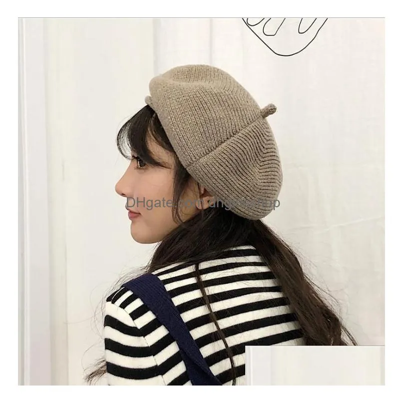 Berets 7 Color Women Beret Winter Warm Beanie Japanese Style Thread Knitted Hat Solid Caps Stretchy Flat Stylish Trilby Outdoor Hats D Dhs9C