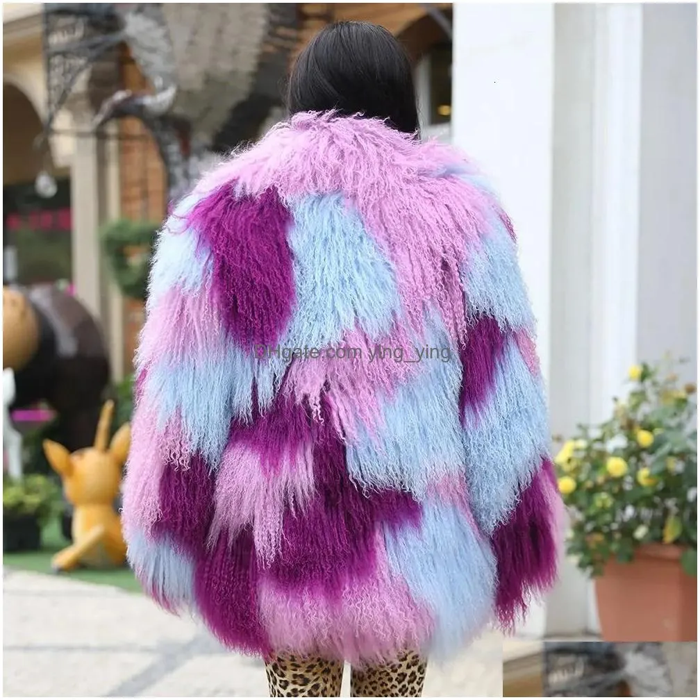 womens fur faux janefur winter clothe 2023 real mongolian sheep coat mixed colors fashion luxury custom tibetan lamb fur jacket