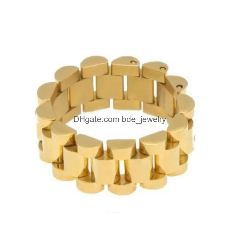 classic luxury 24k gold plated men watchband rings stainless steel golden link ring hip hop mens style men ring watches band ring