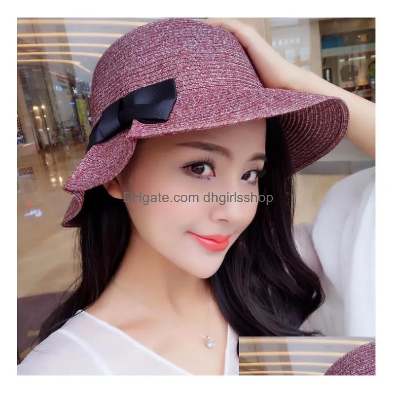 Wide Brim Hats Mticolor St Braid Woman Bucket Hats With Bowknot Folding Hat Sunbonnets Portable Sunhat Fisherman Drop Delivery Fashion Dhpyv