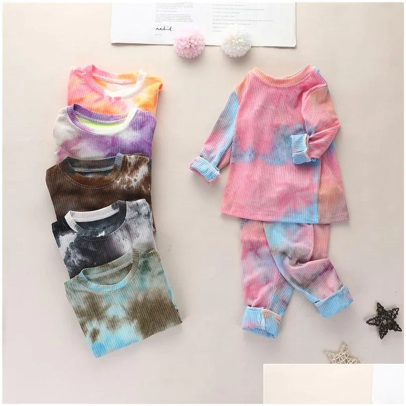 Pajamas Autumn Toddler Baby Boys Ribbed Knitted Tie Dye Pajamas Sets Long Sleeve T-Shirtaddpants Trousers Girls Clothing Sleepwear Pyj Dhjki