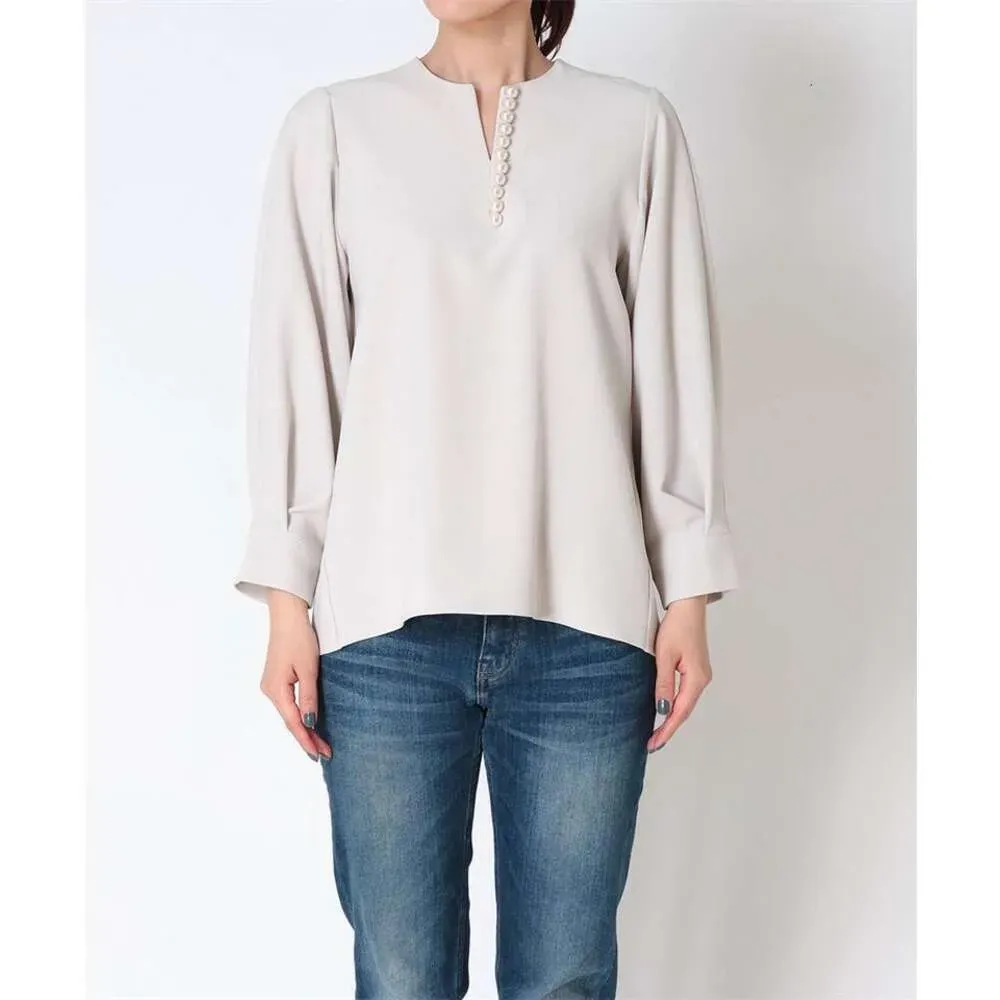 New Lantern Sleeves Japanese And Korean Temperament Loose Blouse Solid Small V-Neck Beaded Long Sleeve Pullover Top For Women