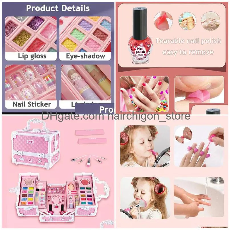 hair dryers makeup set for girls box suitcase washable kit full lipstick eyeshadows nail polish stickers kid game toy gift 231023