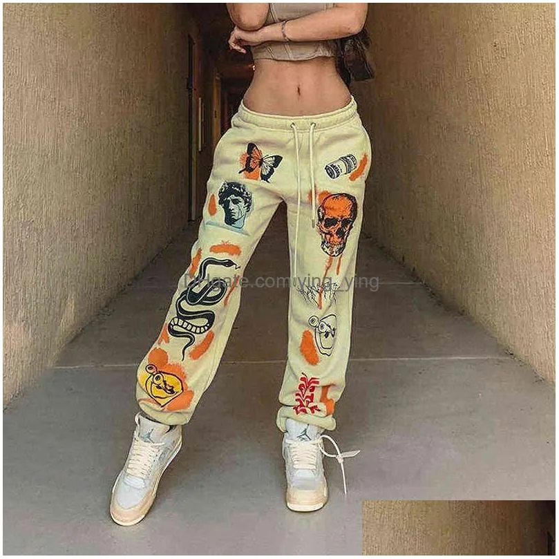 woman sweatpants trousers harajuku jogger cartoon skull print streetwear urban sweat vintage pants for women casual fashion 211115