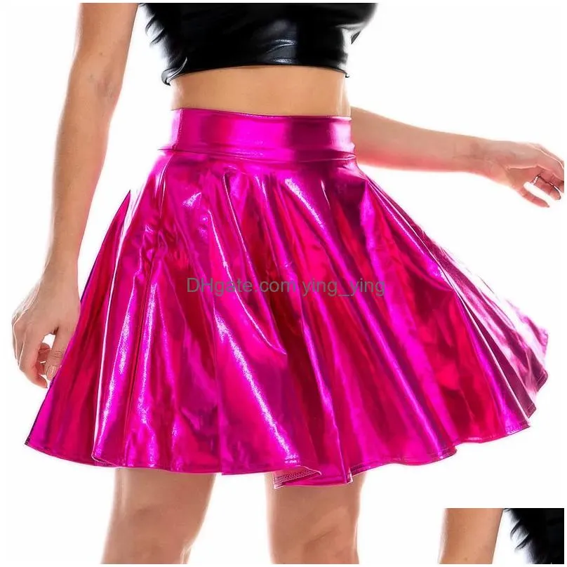 summer sexy laser high waist mini pu leather skirt club party dance shiny holographic skirts harajuku jk metallic pleated 220317