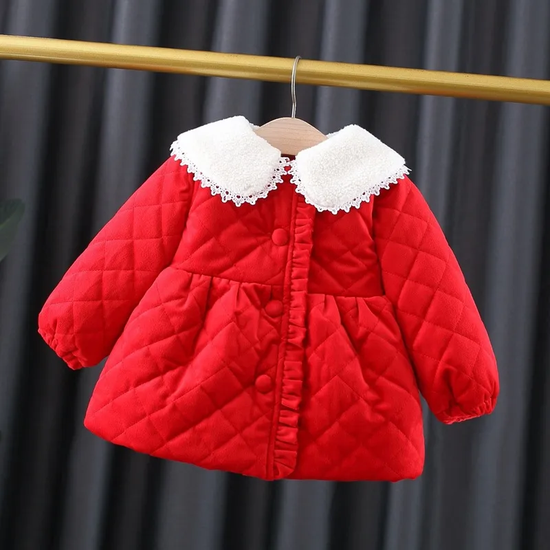 winter baby girls single breasted solid color round neck fur collar padded coat coat for children