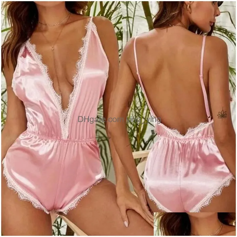 bras sets role playing lingerie for women large trim sexy satin jumpsuit sleepwear push up corset