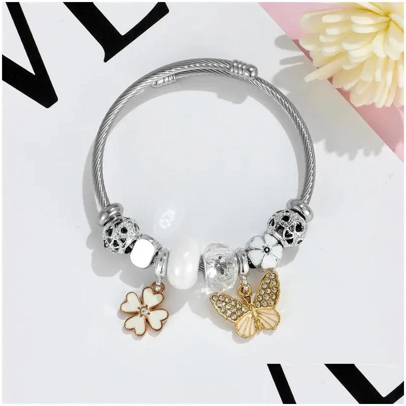 Charm Bracelets Gold Color Stainless Steel Bangle Diy Cute Crystal Clover Beads For Women Girls Lovely Accessories Gifts Friends