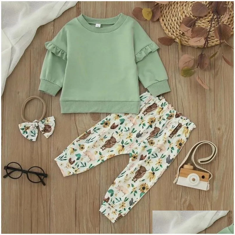 Clothing Sets Toddler Girls Long Sleeve Ruffles T Shirt Plover Tops Cartoon Cow Prints Pants Little Outfits Blanket Wrap Set Drop Del Dhnaa