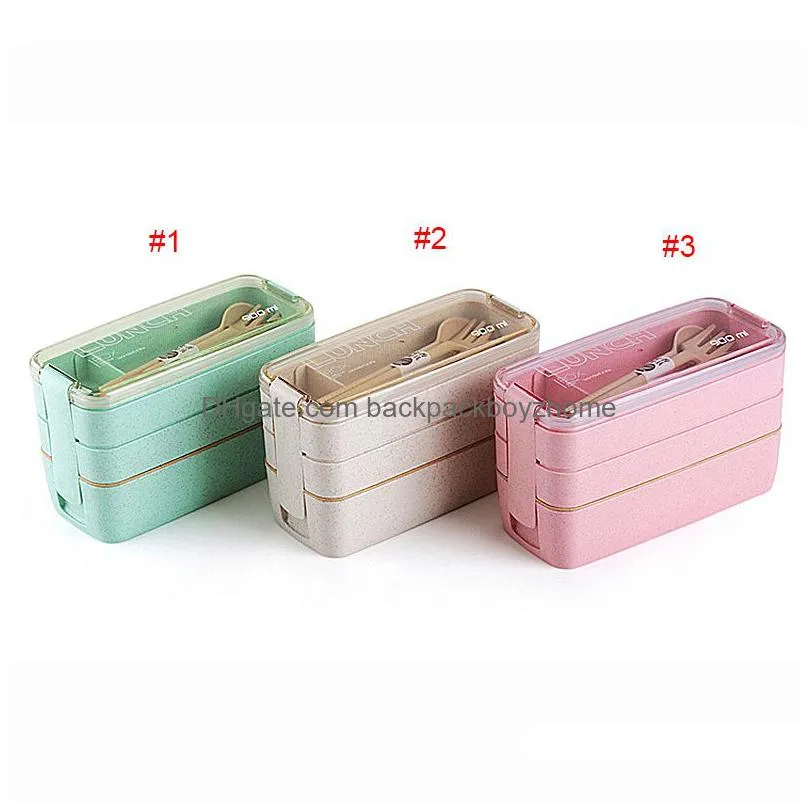 Lunch Boxes&Bags Wheat St Lunch Box Microwave Bento Boxes Three Tier Dinner Health Natural Student Portable Food Storage 3 Colors Drop Dhj04