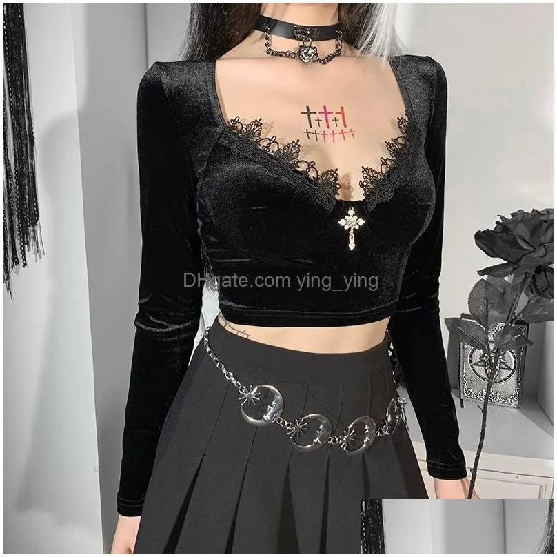 goth black bodycon crop top womens t-shirts aesthetic sexy v-neck long sleeve corset y2k harajuku vintage korean fashion tops 220321