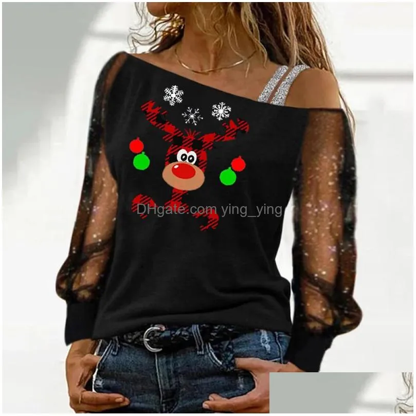 womens blouses sexy lace long sleeves skew collar off shoulderwork tee tops casual print blouses christmas clothes 220407